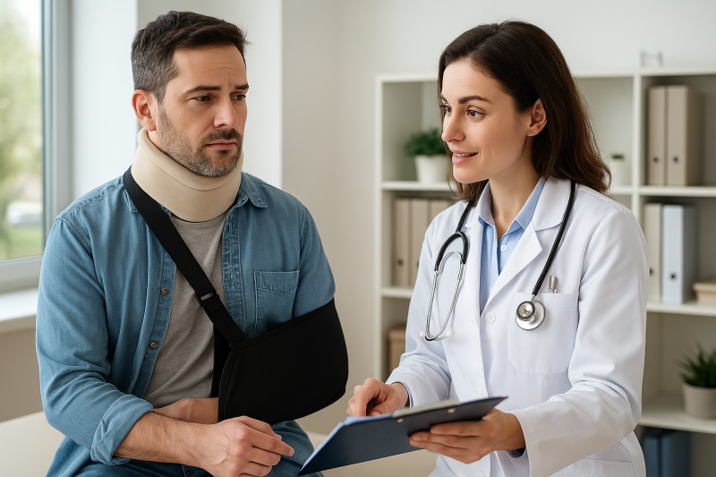 A caring pain management doctor consults with a male patient with an injury wearing a neck brace and arm sling in a bright Florida medical clinic, symbolizing post-accident treatment and compassionate care at Ramos Center.