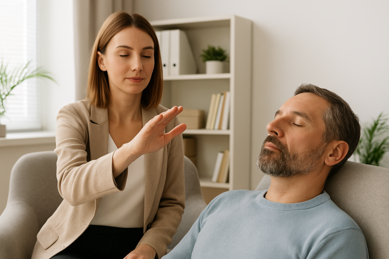 calm hypnotherapy session in a Sarasota clinic showing a female hypnotherapist guiding a relaxed male patient through deep relaxation to relieve chronic pain and anxiety, with natural light and soothing tones.