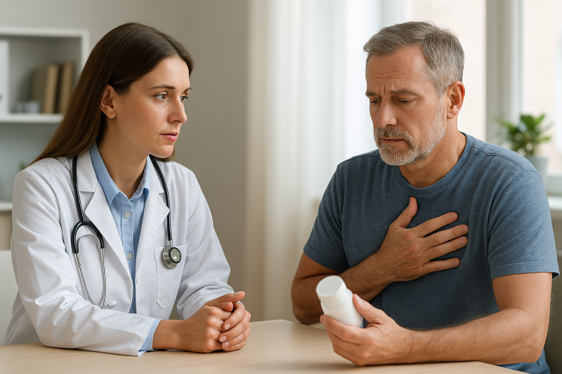 A compassionate doctor discusses an opioids tapering plan with a middle-aged male patient holding a prescription bottle in a bright Florida clinic, symbolizing professional medical support and safe recovery at Ramos Center.