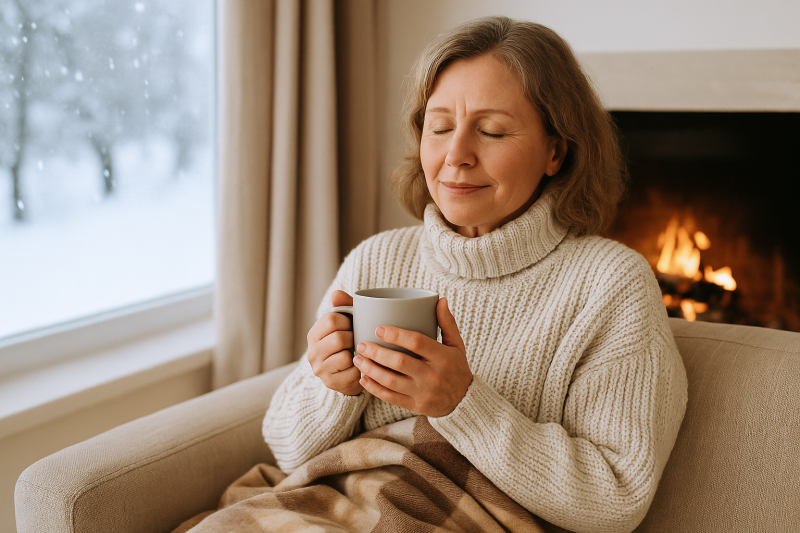 A middle-aged woman enjoys a cozy winter self-care moment with a warm blanket and cup of tea by the fireplace, symbolizing comfort and chronic pain relief during the colder months.
