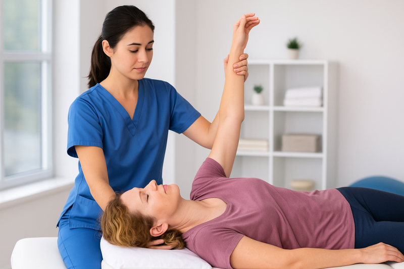 A physical therapist assists a woman with gentle arm exercises during a post-car accident recovery session in a bright Florida clinic, representing personalized rehabilitation physical therapy and care at Ramos Center.