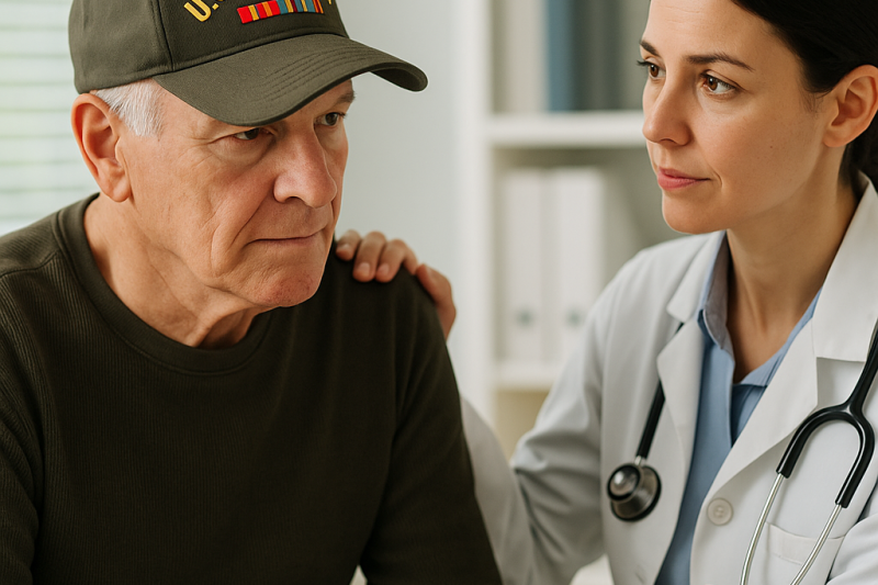 A compassionate doctor gently supports an older U.S. veteran wearing a military cap during a pain management consultation in a bright Florida clinic, symbolizing dedicated care for Veterans at Ramos Center.