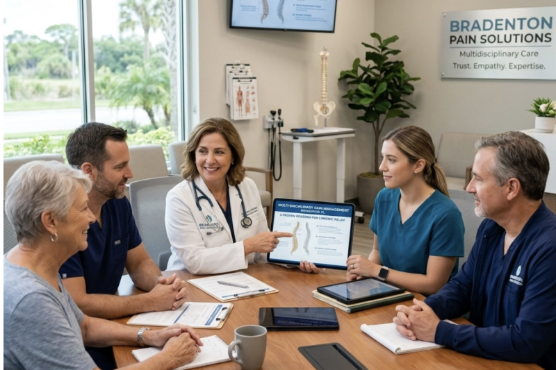 A professional medical consultation at the Ramos Center in Bradenton, FL, featuring a compassionate doctor and a patient discussing a multi-disciplinary chronic pain management plan in a bright, modern office setting.