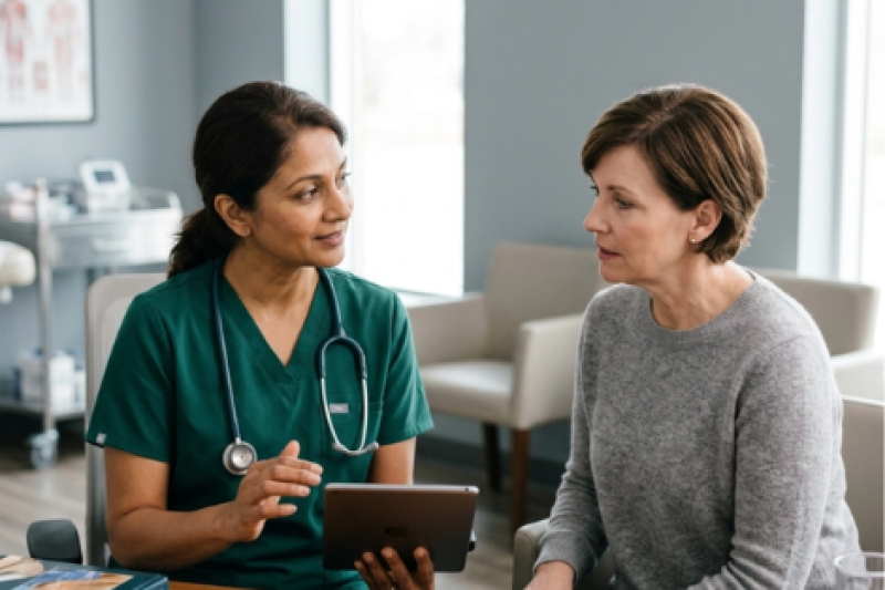 A compassionate female pain management physician sitting with an elderly patient in a modern medical office, explaining a diagram of the human spine and abdominal nerves to discuss the benefits of a splanchnic plexus block for chronic pain relief.