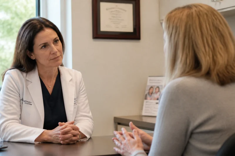 pain management sarasota doctor discussing minimally invasive pain relief options with a patient in an office