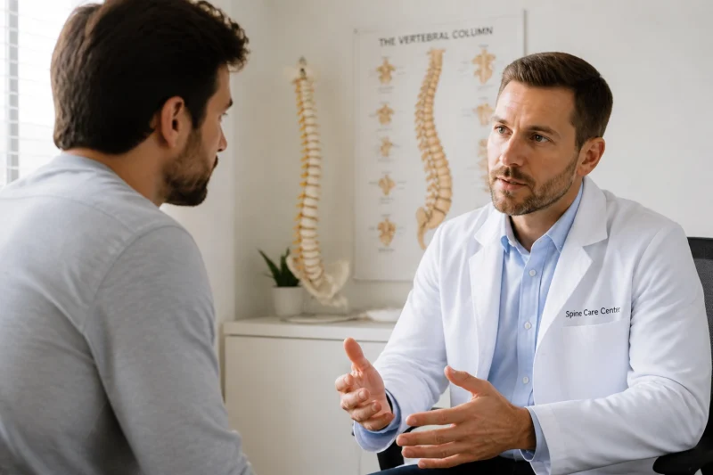 back pain specialist discussing treatment with patient in doctor office setting with a model of the spine