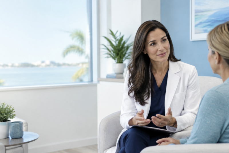 A compassionate physician and patient discuss a personalized pain management st petersburg fl care plan in a bright Florida clinic. Pain Management St. Petersburg
